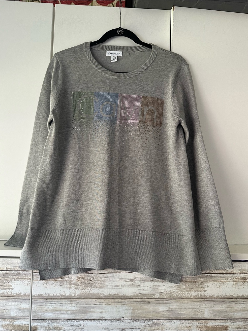 ✨ Calvin Klein Gray Rhinestone Logo Long Sleeve Sweater Size L